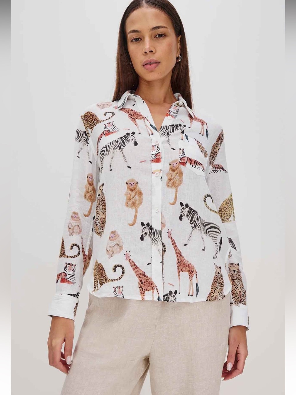 Rails Charli Jungle Animals Button Down White Linen Blend Top Size XS